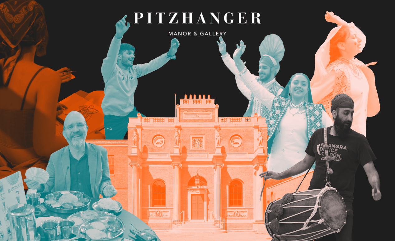 Collage of South Asian dancers, food, and artists surrounding Pitzhanger Manor, celebrating culture for South Asian Heritage Month.